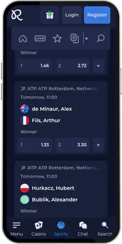 Rainbet App betting on tennis