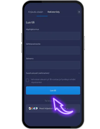Rainbet mobiilisovelluksen rekisteröitymissivu