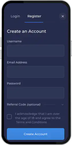 Rainbet mobile App Registration page