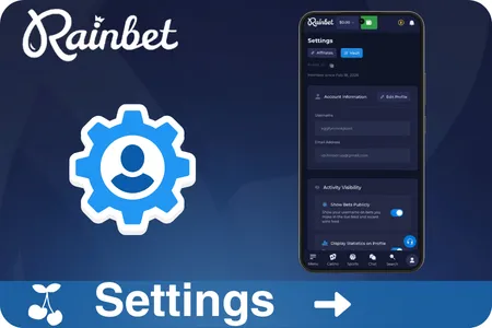 Rainbet account settings dashboard with profile management, privacy controls and security options