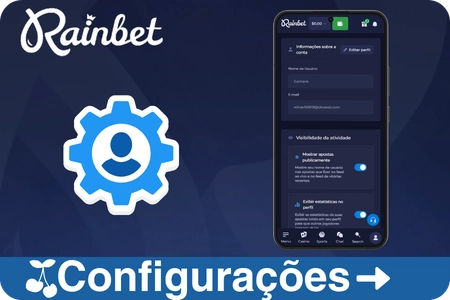 Painel de definições da conta Rainbet com gestão de perfil, controlos de privacidade e opções de segurança