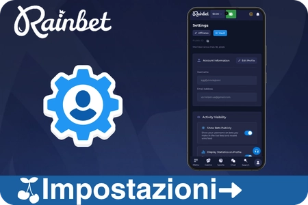 Dashboard impostazioni account Rainbet con gestione profilo, controlli privacy e opzioni di sicurezza