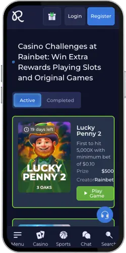 Rainbet App ενότητα προκλήσεων