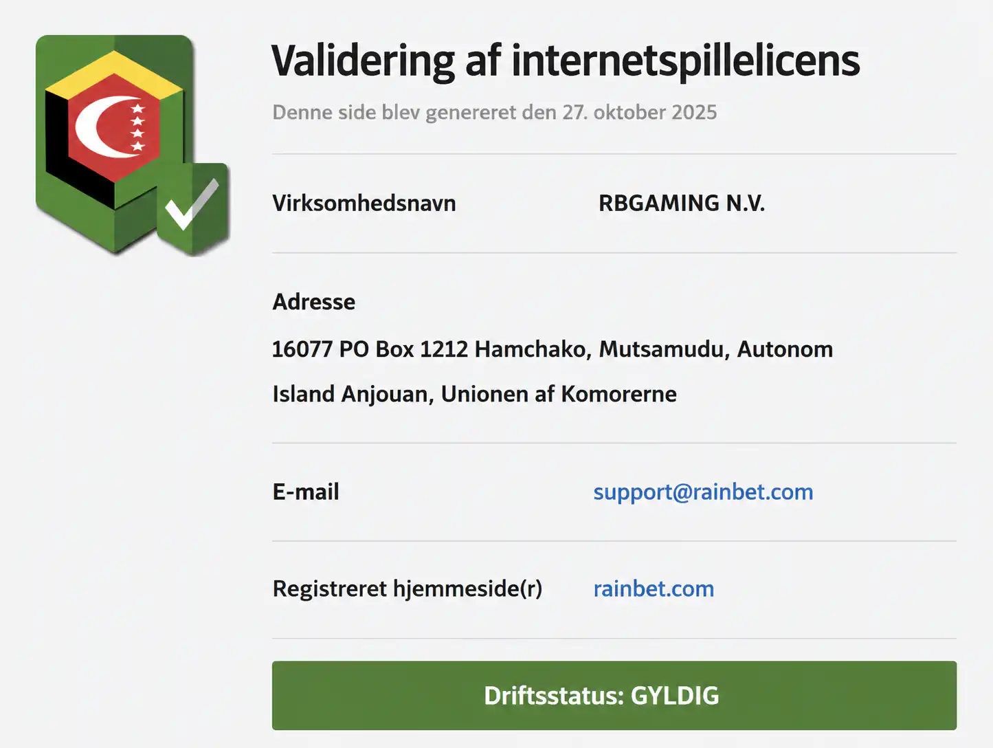 Rainbet spillicenscertifikat