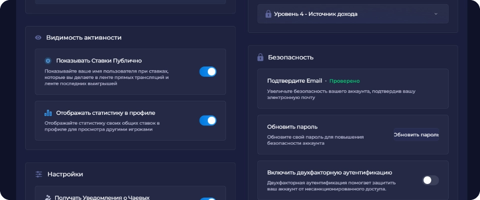Видимость активности профиля в Rainbet