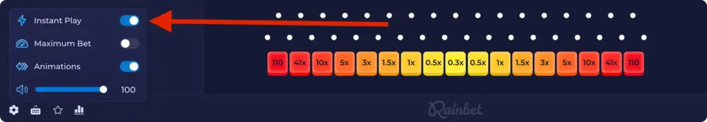 Instant play feature on plinko rain bet