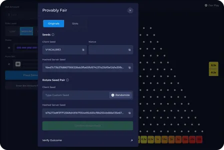 The provably fair panel in Rainbet Plinko Original with server seed, client seed and nonce