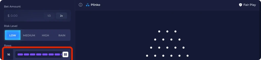 Adjusting rows in Rainbet Plinko with the slider between 8 and 16 pins