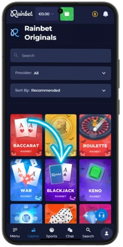 Blackjack tile in the Rainbet Originals section